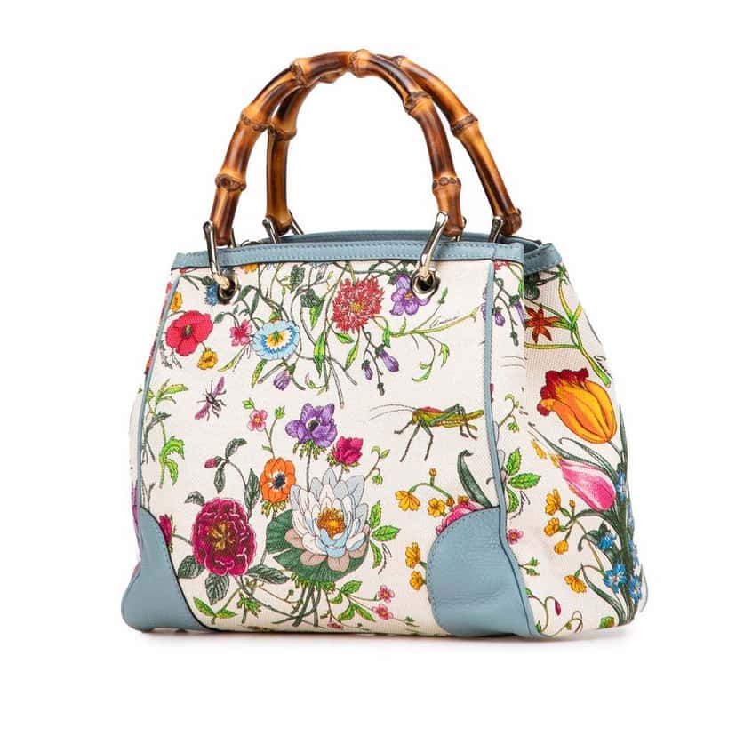 Gucci Small Canvas Flora Bamboo Shopper Satchel White Canvas Good condition - Back View