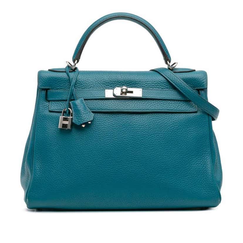 Hermès Clemence Kelly II Retourne 32 Blue Leather Good condition - Front View