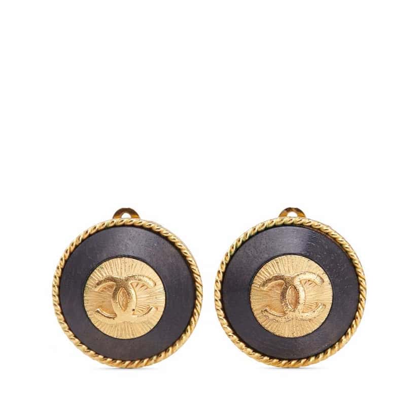 Chanel Gold Plated and Enamel CC Round Button Clip On Earrings Gold Metal Good condition - Front View