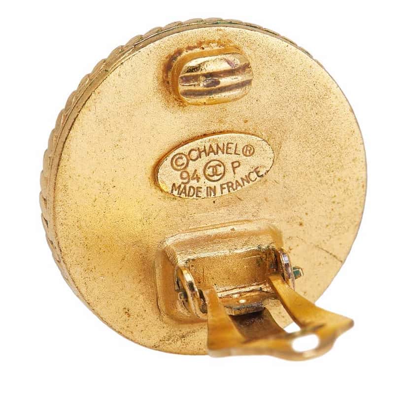 Chanel Gold Plated and Enamel CC Round Button Clip On Earrings Gold Metal Good condition - Inside View