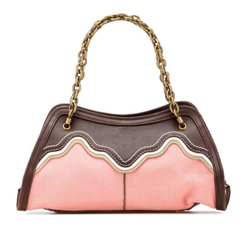 Bottega Veneta Nappa Trimmed Canvas Chain Handbag Pink Canvas Good condition - Front View