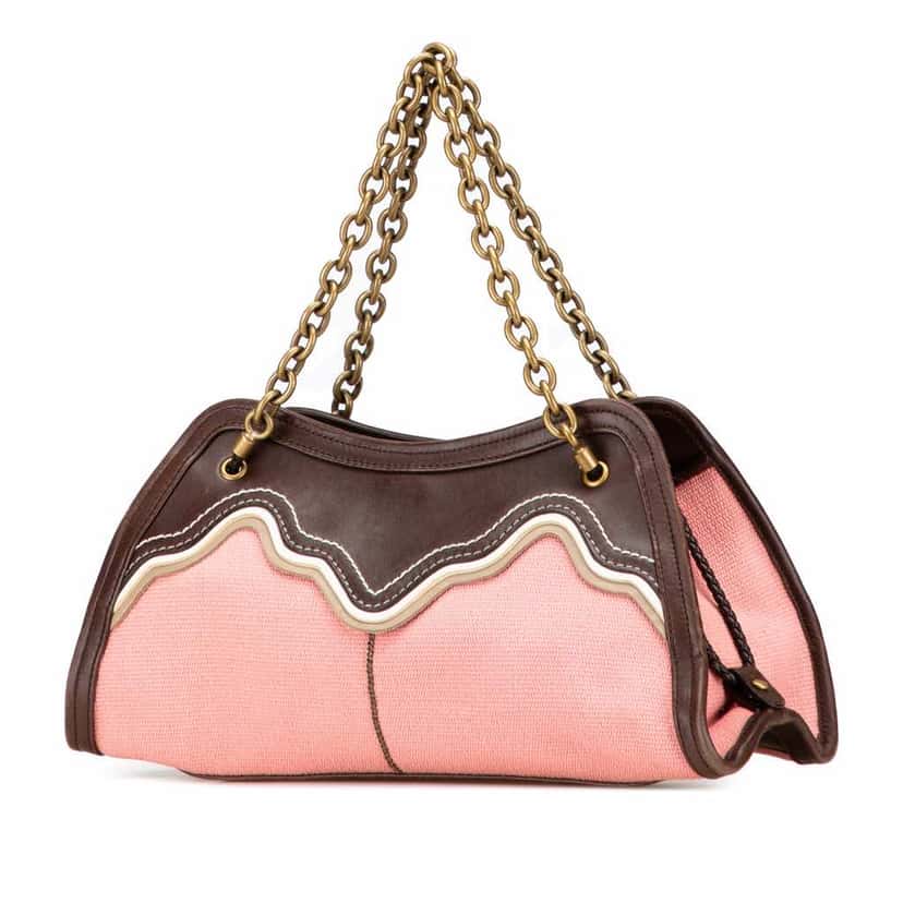 Bottega Veneta Nappa Trimmed Canvas Chain Handbag Pink Canvas Good condition - Back View