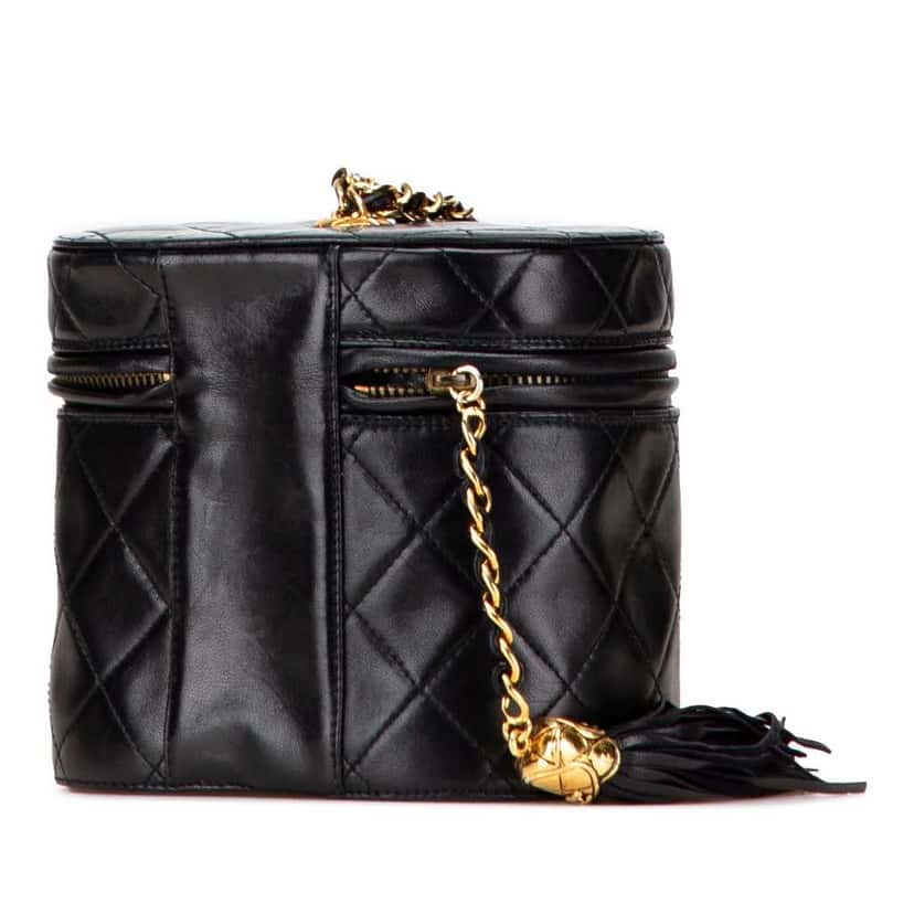 Chanel Quilted Lambskin Tassel Vanity Case with Chain Black Leather Good condition - Back View