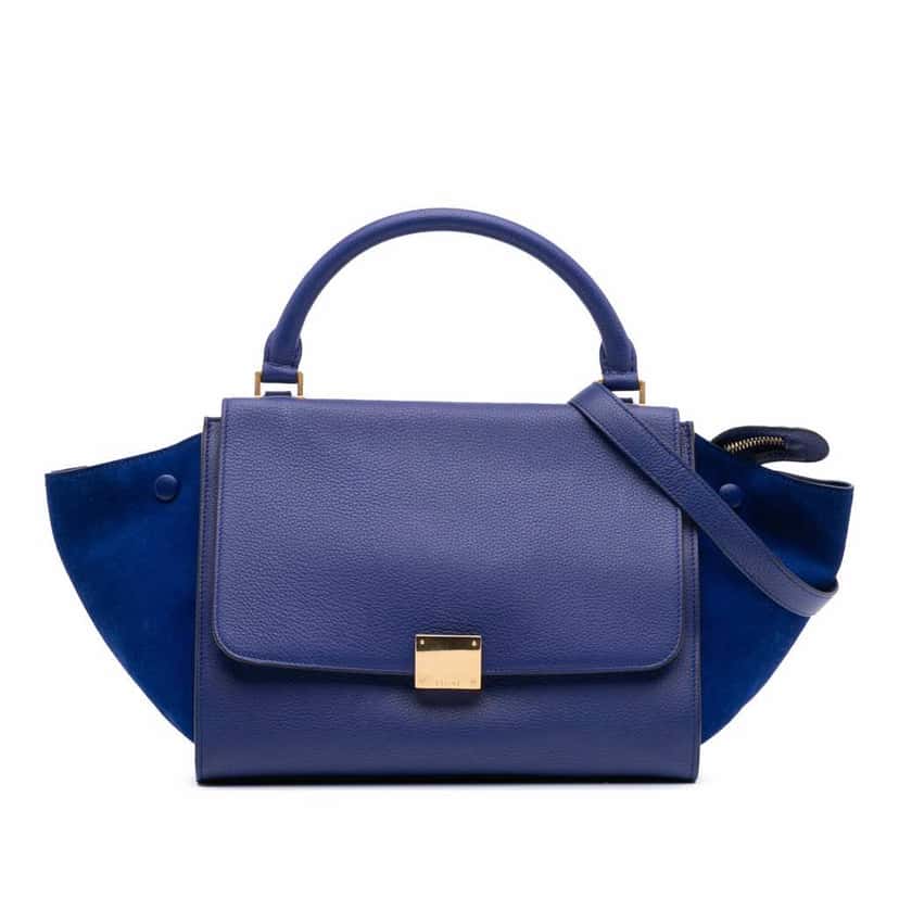 Celine Small Drummed Calfskin and Suede Trapeze Satchel Blue Leather Good condition - Front View