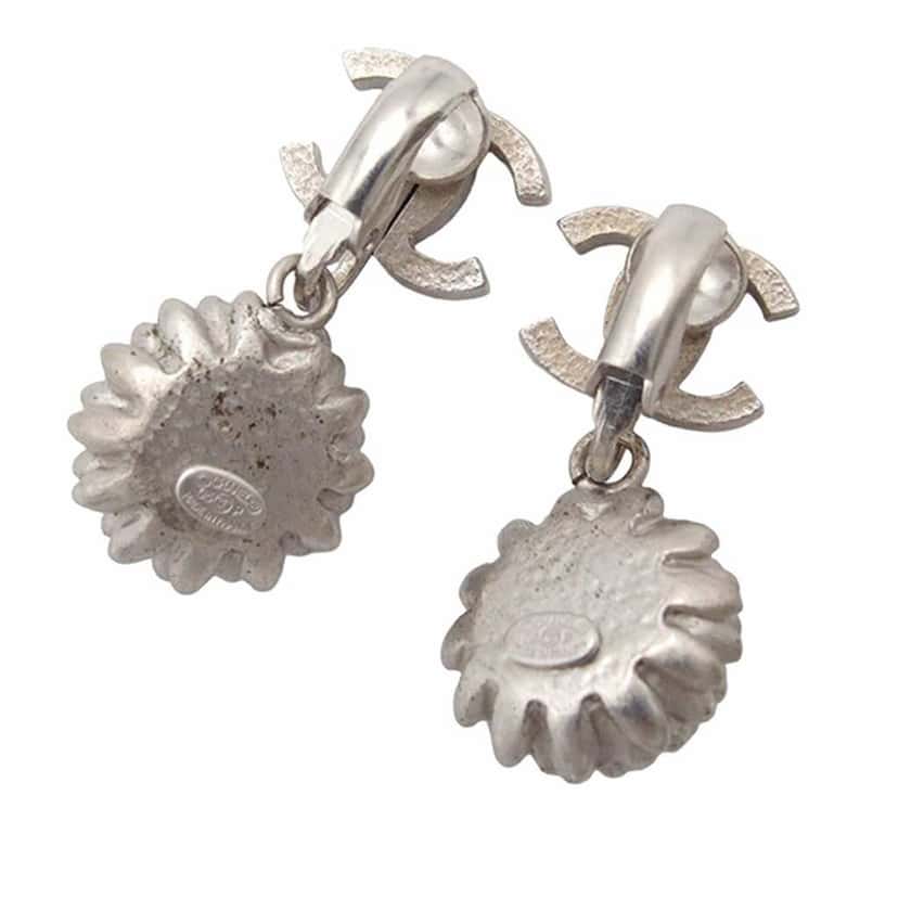 Chanel Silver Plated CC Pearl Dangle Clip On Earrings Silver Metal Good condition - Back View