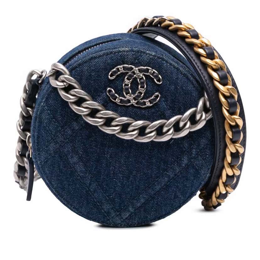 Chanel Denim 19 Round Clutch with Chain Blue Denim Very good condition - Front View