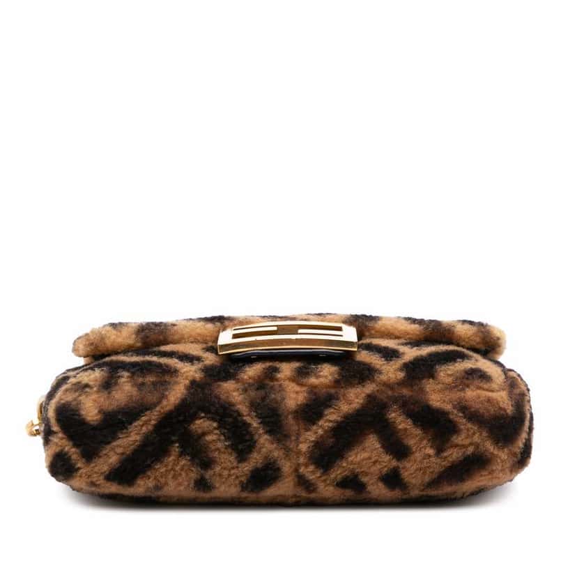 Fendi Mini Zucca Shearling Chain Baguette Satchel Brown Good condition - Inside View