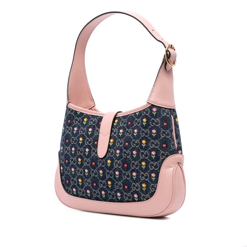 Gucci Limited Edition Small GG Embroidered Denim Floral Jackie 1961 Crossbody Blue Denim Good condition - Back View