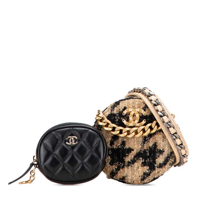 Chanel Tweed 19 Round Clutch with Chain and Coin Purse Brown Tweed Very good condition - Front View