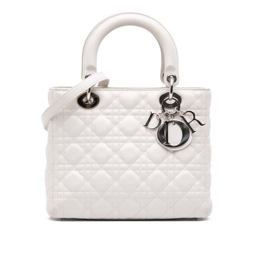 Dior Medium Lambskin Cannage Lady Dior White Leather Good condition - Front View