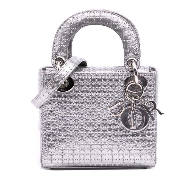 Dior Mini Metallic Patent Microcannage Lady Dior Silver Leather Fair condition - Front View