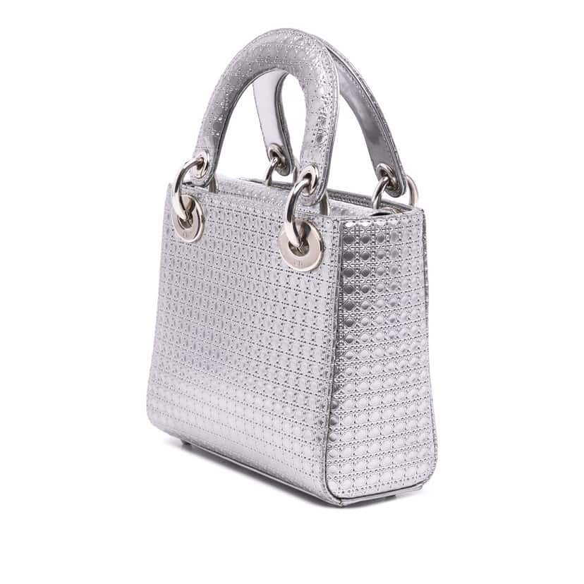 Dior Mini Metallic Patent Microcannage Lady Dior Silver Leather Fair condition - Back View