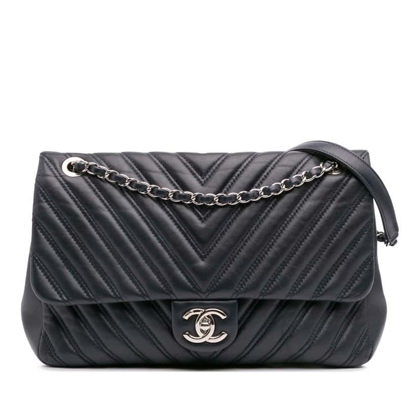 Chanel Jumbo Double Stitch Chevron Lambskin Single Flap Blue Leather Good condition - Front View