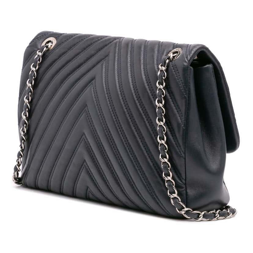 Chanel Jumbo Double Stitch Chevron Lambskin Single Flap Blue Leather Good condition - Back View