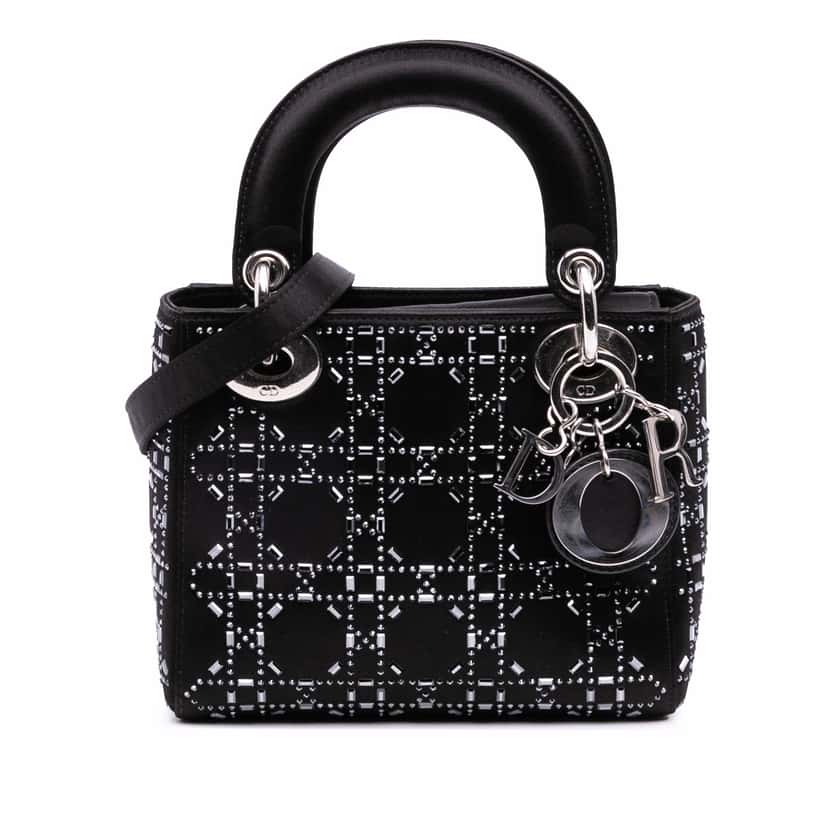 Dior Mini Satin Cannage Strass Crystal Embellished Lady Dior Black Satin Good condition - Front View