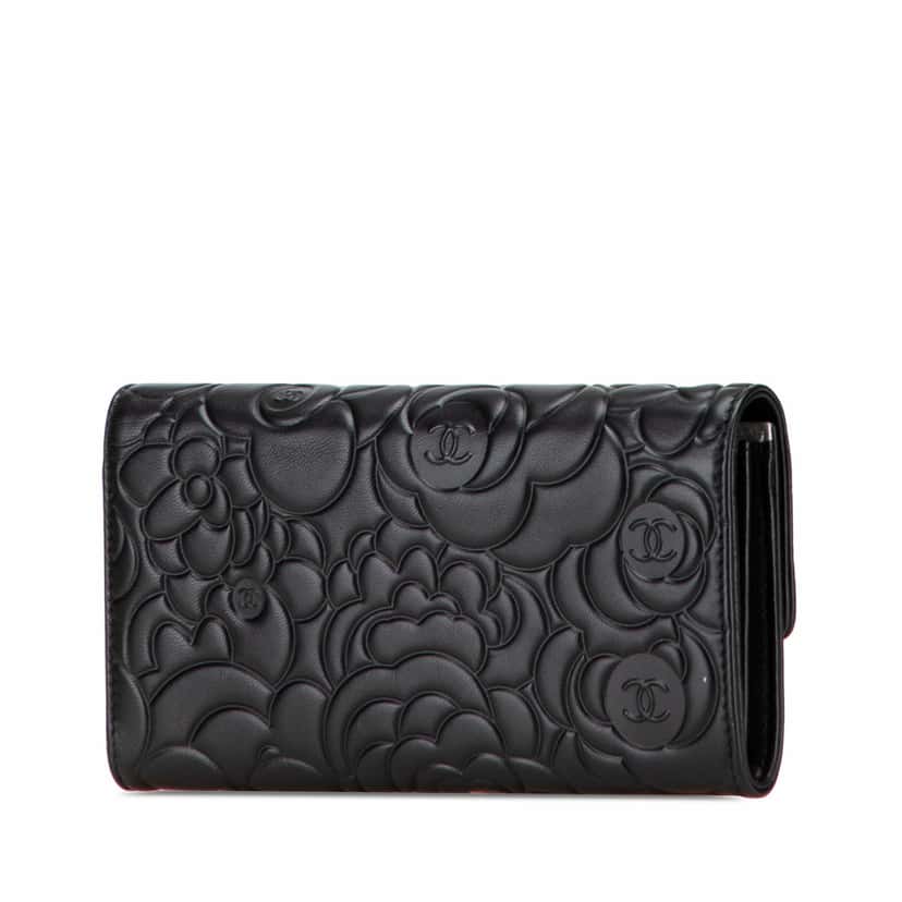 Chanel CC Lambskin Embossed Camellia Flap Wallet Black Leather Good condition - Back View