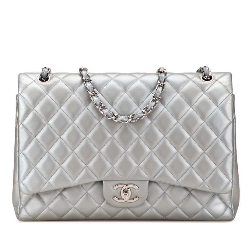 Chanel Maxi Classic Lambskin Double Flap Silver Leather Good condition - Front View