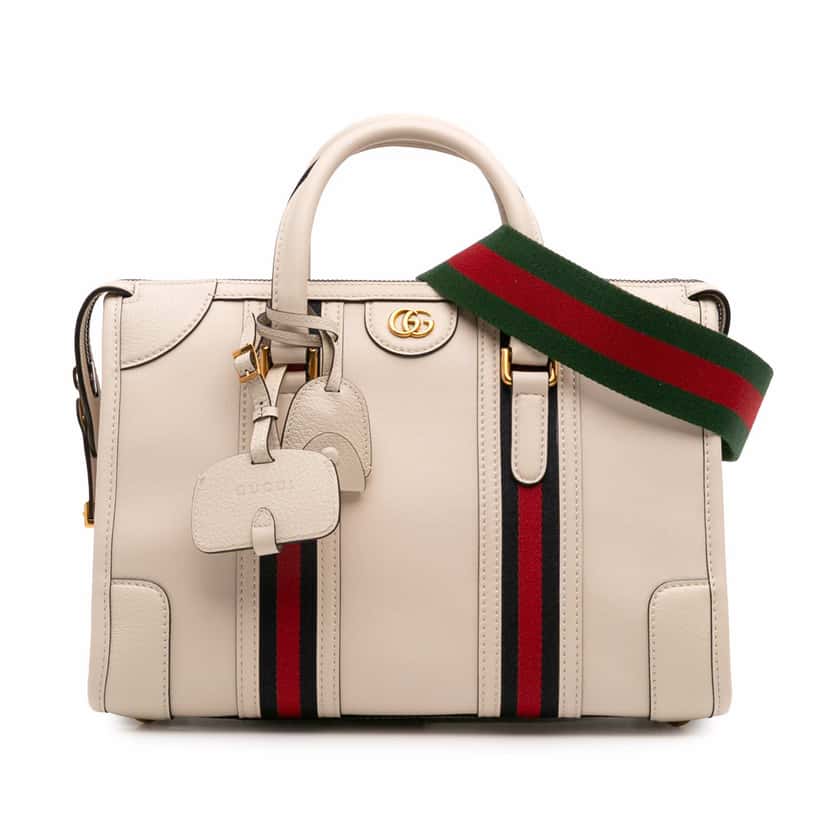 Gucci Medium Calfskin Web Bauletto Top Handle Bag White Leather Good condition - Front View