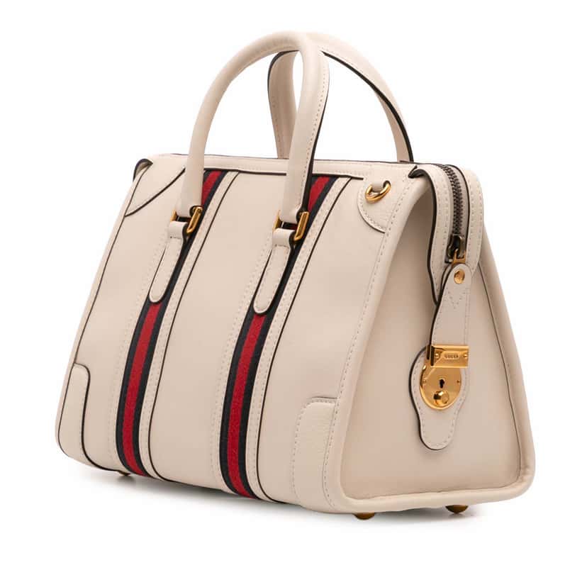 Gucci Medium Calfskin Web Bauletto Top Handle Bag White Leather Good condition - Back View