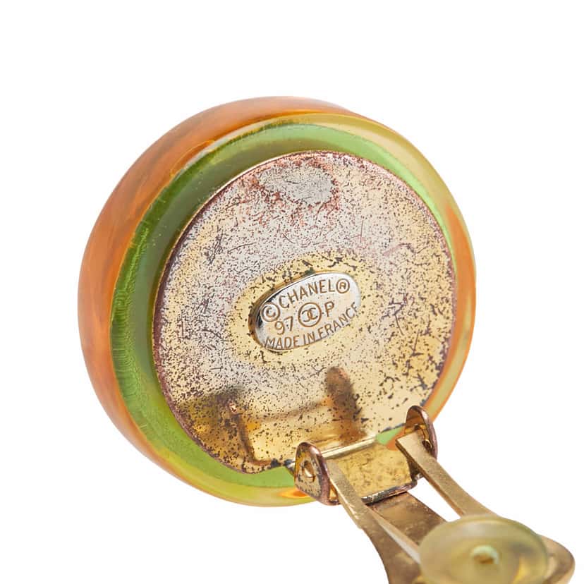 Chanel Gold Plated Resin CC Camellia Button Clip On Earrings Orange Good condition - Inside View