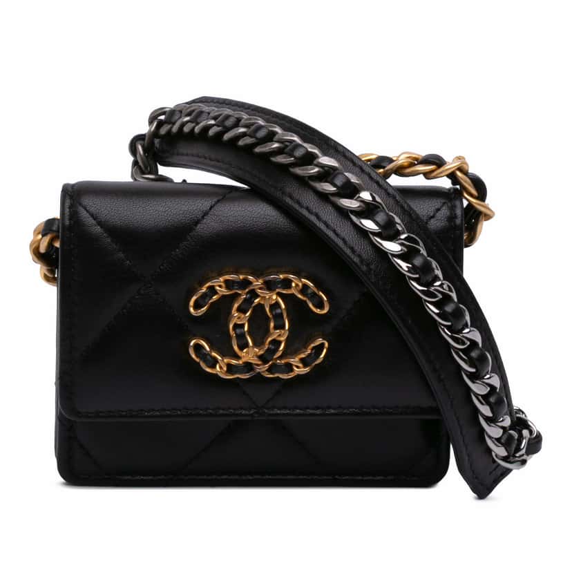 Chanel Lambskin 19 Flap Coin Purse With Chain Black Leather Good condition - Front View