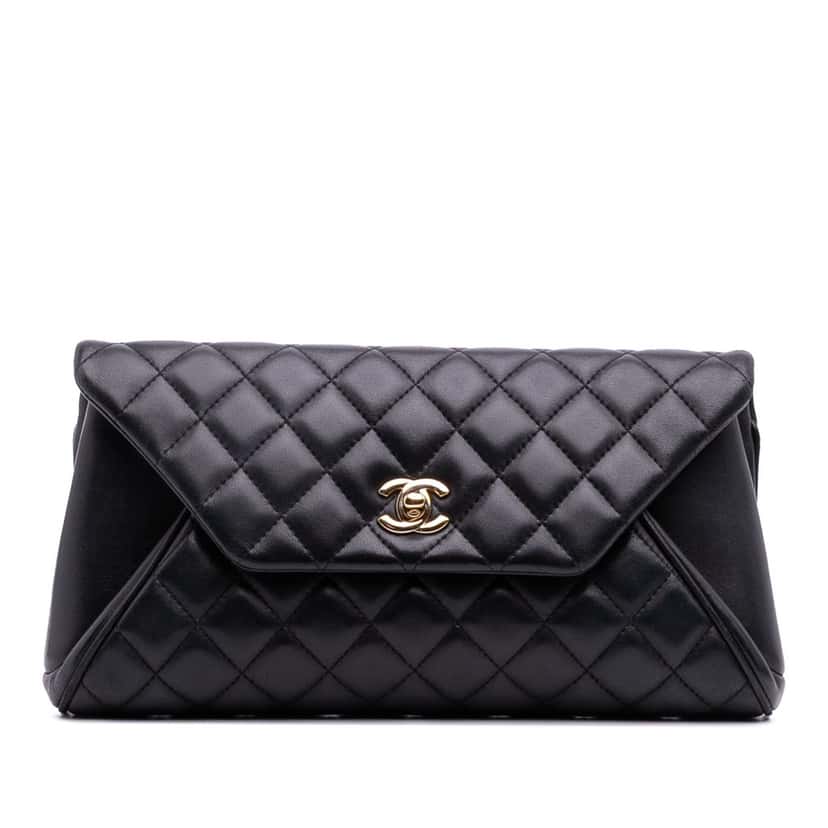 Chanel Quilted Lambskin Fold Up Again Clutch Black Leather Good condition - Front View
