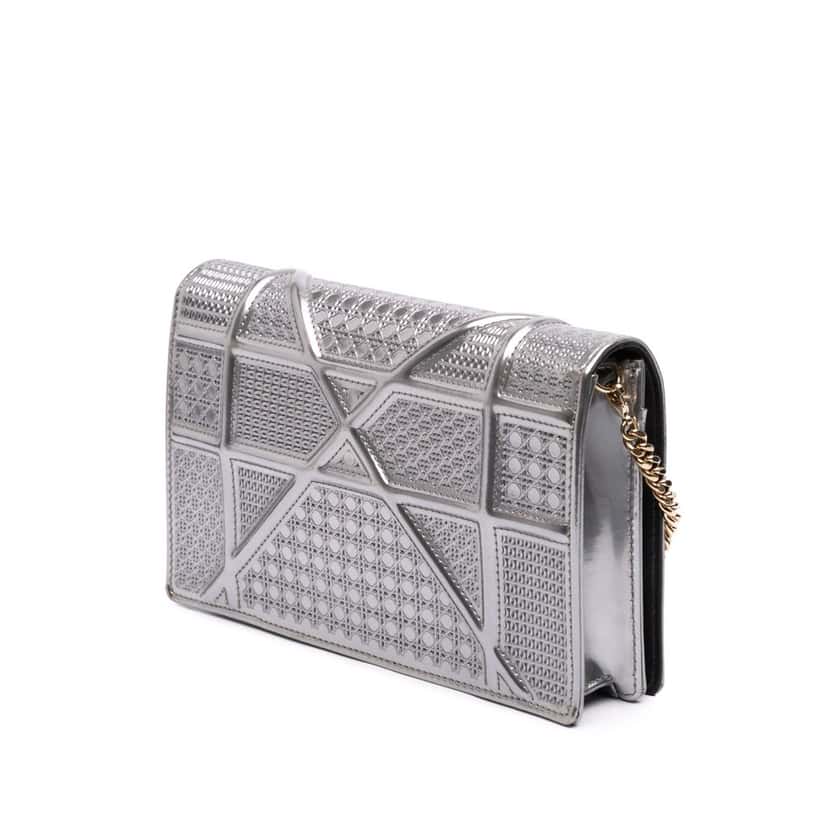 Dior Metallic Patent Microcannage Diorama Wallet on Chain Silver Leather Good condition - Back View