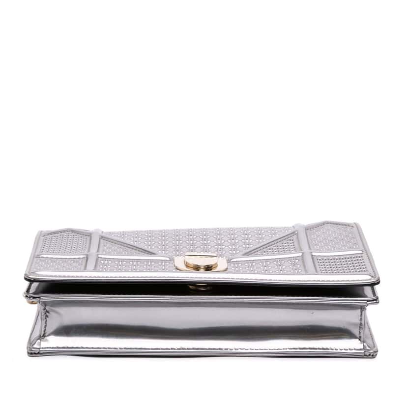 Dior Metallic Patent Microcannage Diorama Wallet on Chain Silver Leather Good condition - Inside View