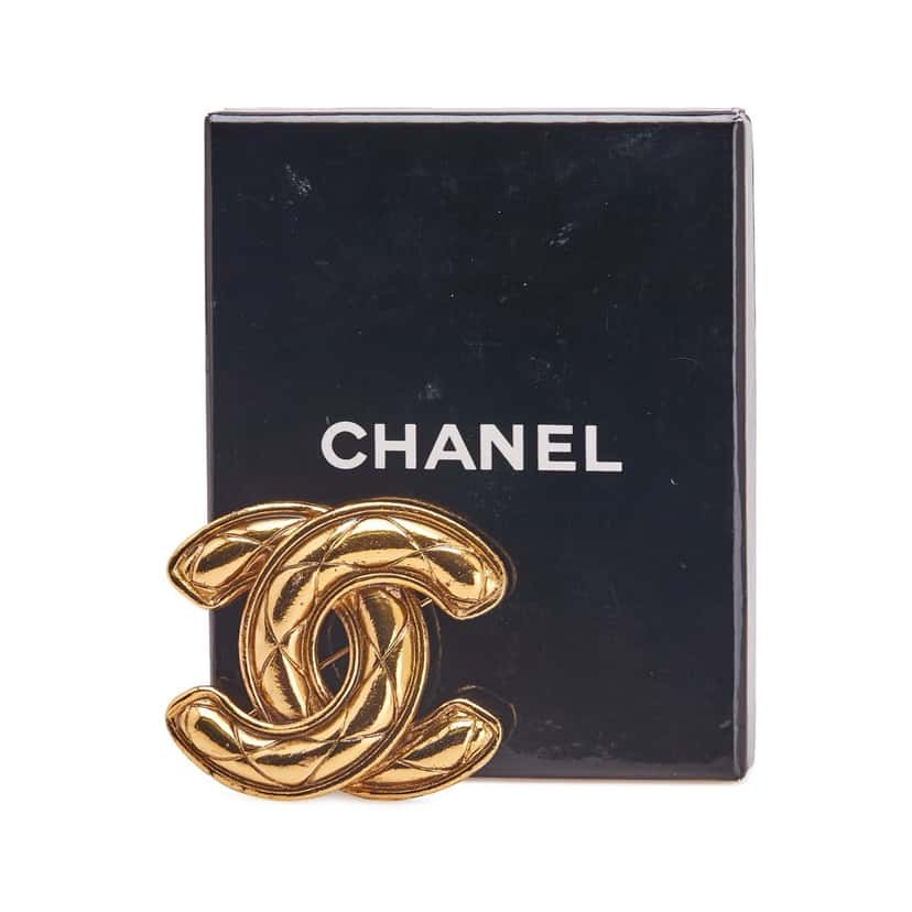 Chanel Gold Plated CC Quilted Brooch Gold Metal Good condition - Box View