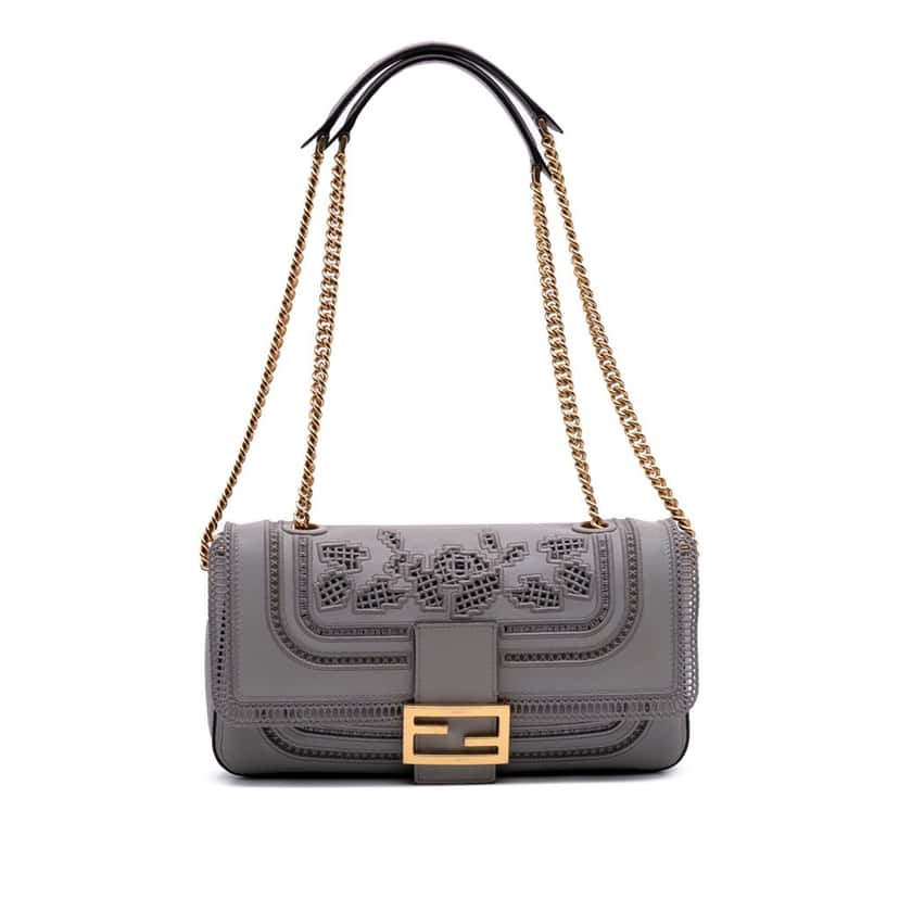 Fendi Embroidered Lace Leather Baguette Chain Grey Leather Good condition - Front View
