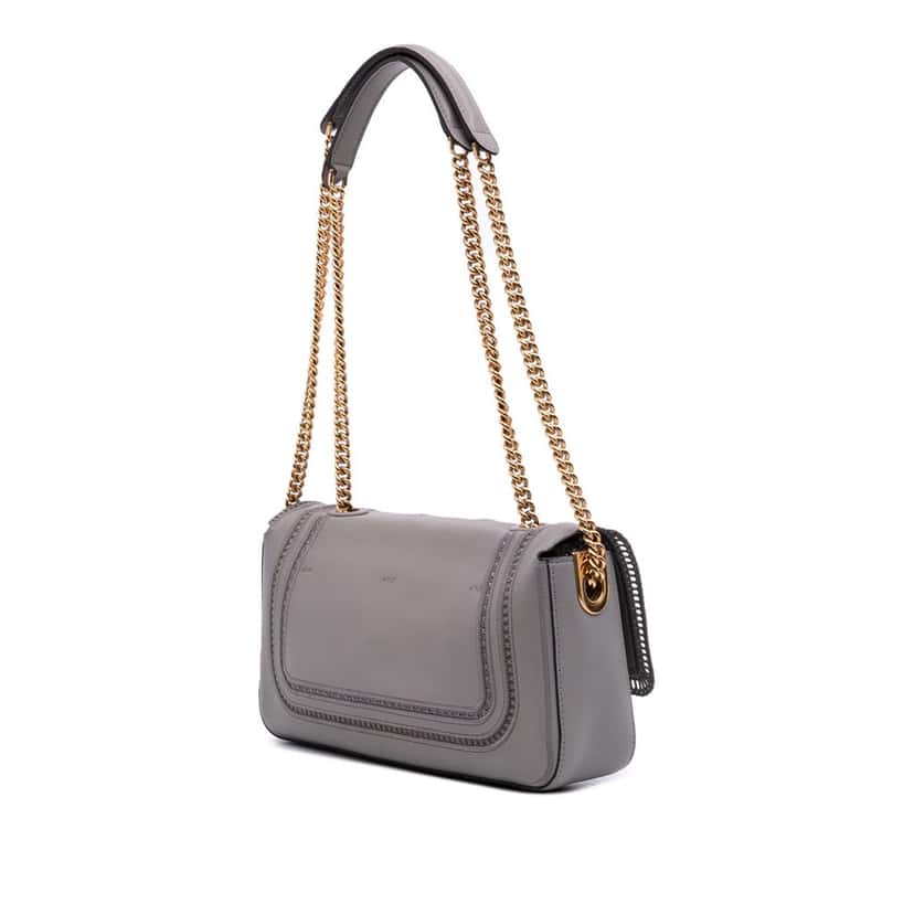 Fendi Embroidered Lace Leather Baguette Chain Grey Leather Good condition - Back View