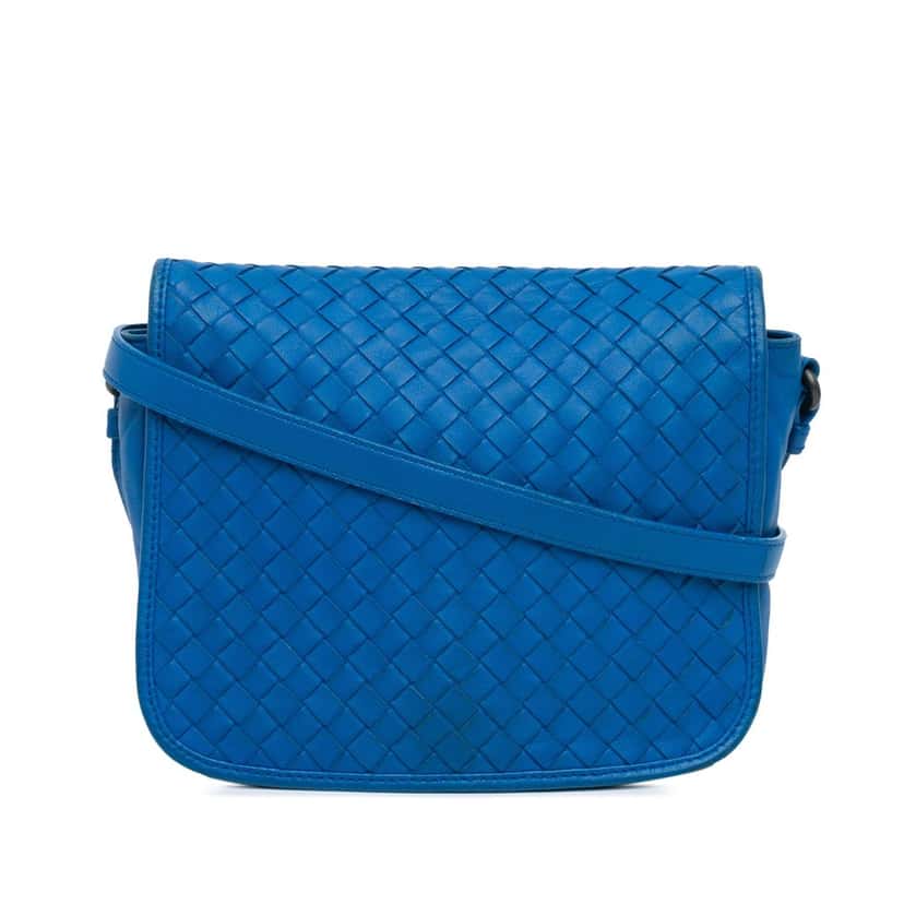 Bottega Veneta Nappa Intrecciato Flap Crossbody Blue Leather Good condition - Front View