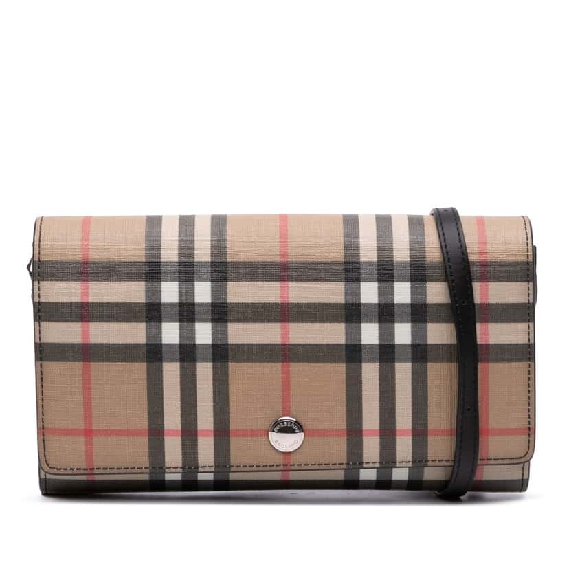 Burberry House Check Coated Canvas Wallet on Strap Brown Canvas Good condition - Front View