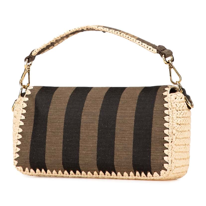 Fendi Pequin Gingham Canvas And Raffia Baguette Satchel Brown Canvas Good condition - Back View