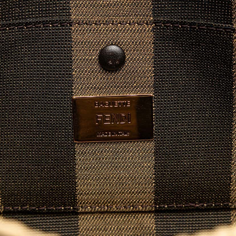Fendi Pequin Gingham Canvas And Raffia Baguette Satchel Brown Canvas Good condition - Box View