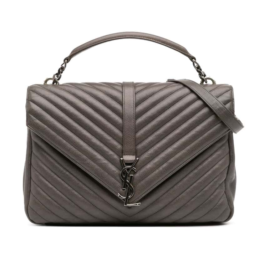 Saint Laurent Large Chevron Sheepskin Monogram College Bag Grey Leather Good condition - Front View