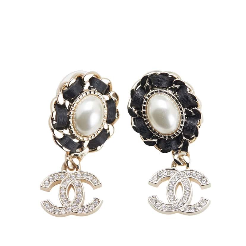 Chanel Gold Plated Leather Woven Faux Pearl CC Crystal Drop Earrings Gold Metal Good condition - Front View