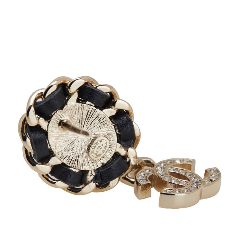 Chanel Gold Plated Leather Woven Faux Pearl CC Crystal Drop Earrings Gold Metal Good condition - Inside View