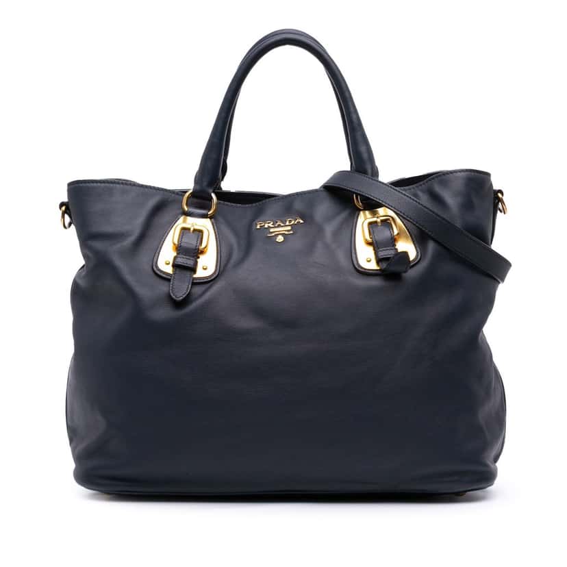 Prada Soft Calfskin Open Convertible Shopping Tote Blue Leather Good condition - Front View