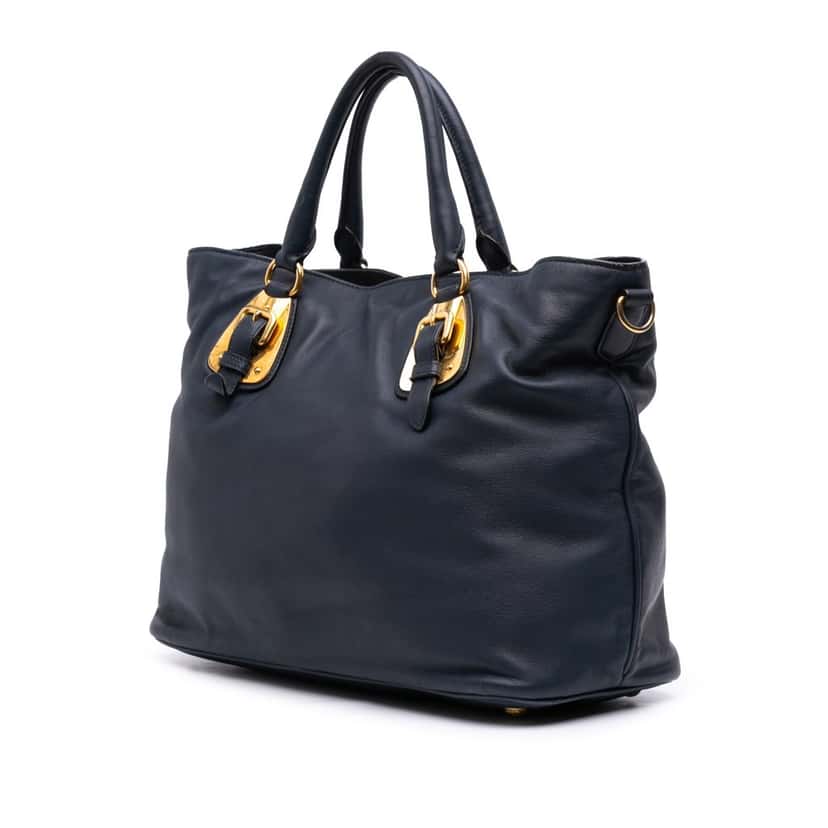 Prada Soft Calfskin Open Convertible Shopping Tote Blue Leather Good condition - Back View