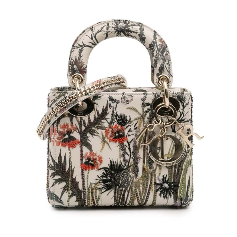 Dior Mini Calfskin Beaded Embroidered Jardin Naturel Lady Dior White Leather Good condition - Front View