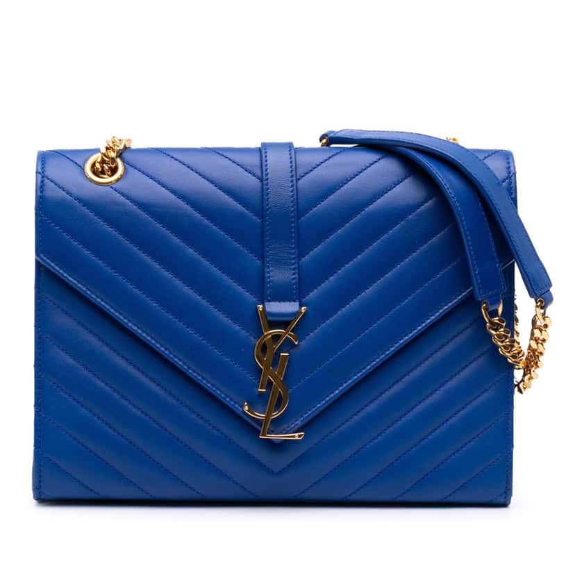 Saint Laurent Medium Matelasse Lambskin Monogram Envelope Shoulder Bag Blue Leather Good condition - Front View