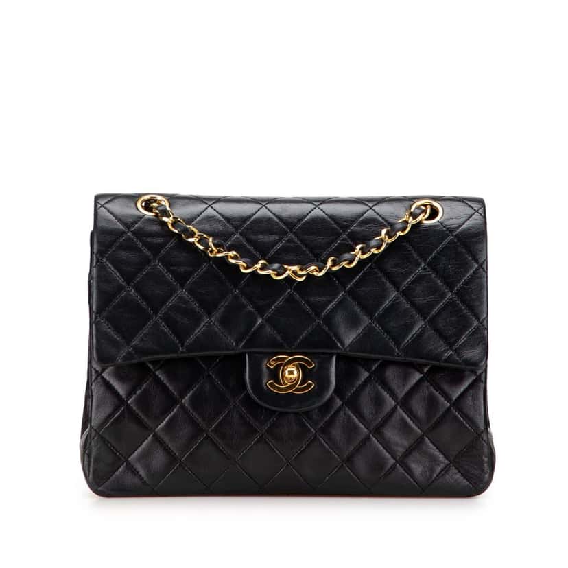 Chanel Medium Tall Classic Lambskin Double Flap Black Leather Good condition - Front View