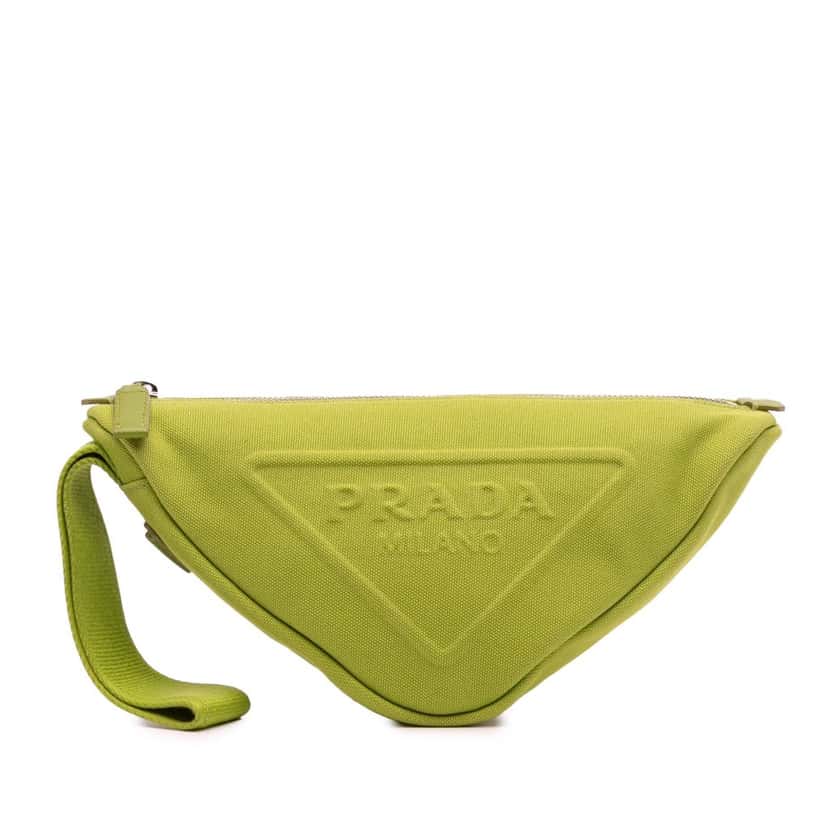 Prada Canvas Canapa Triangle Logo Wristlet Clutch Green Canvas Very good condition - Front View