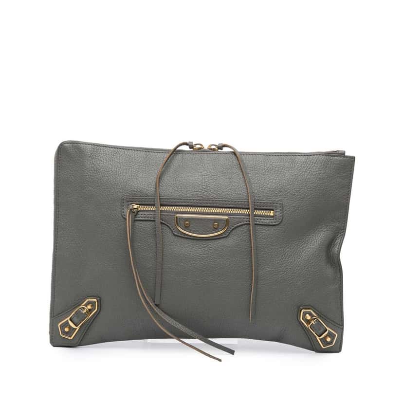 Balenciaga Lambskin Motocross Metallic Edge Flat Clutch Grey Leather Good condition - Front View