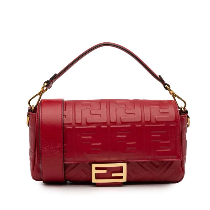Fendi Zucca Embossed Leather Baguette Satchel Red Leather Good condition - Front View