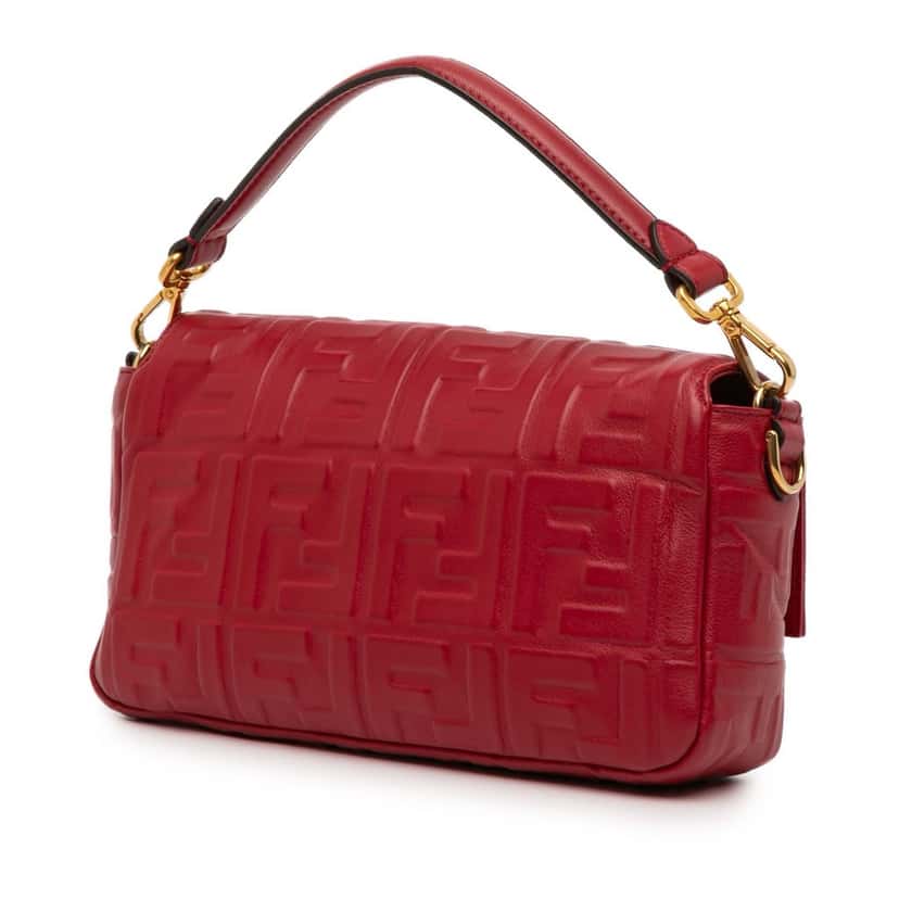 Fendi Zucca Embossed Leather Baguette Satchel Red Leather Good condition - Back View
