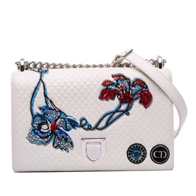 Dior Medium Lambskin Embroidered Diorama Flap White Leather Good condition - Front View