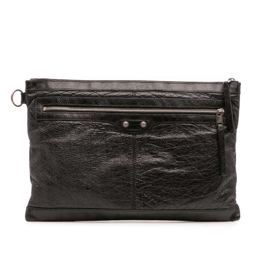 Balenciaga Lambskin Motocross Classic Clip L Clutch Black Leather Good condition - Front View