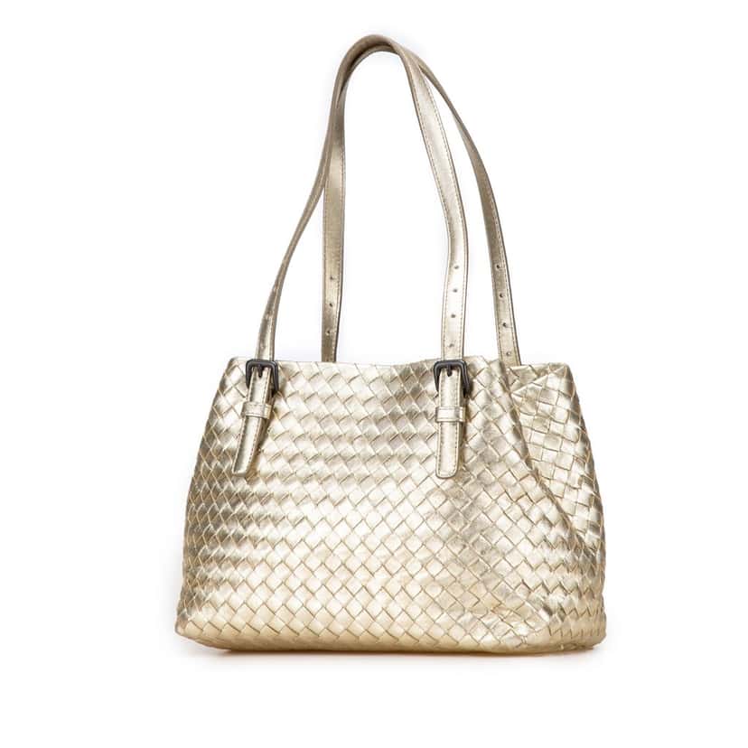 Bottega Veneta Small Metallic Nappa Intrecciato Cesta Tote Gold Leather Good condition - Back View